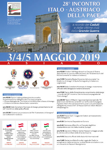 28° Incontro Italo-Austriaco della Pace ad Asiago - Dal 3 al 5 maggio 2019