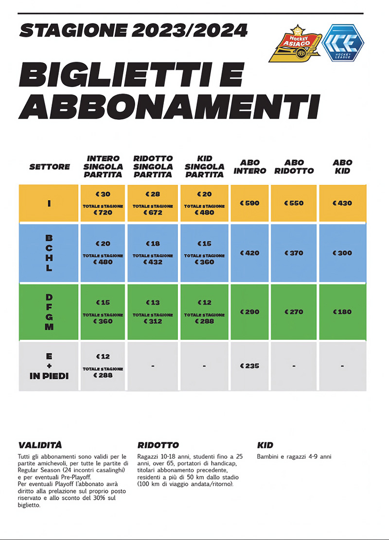 Listino prezzi abbonamenti Hockey Asiago