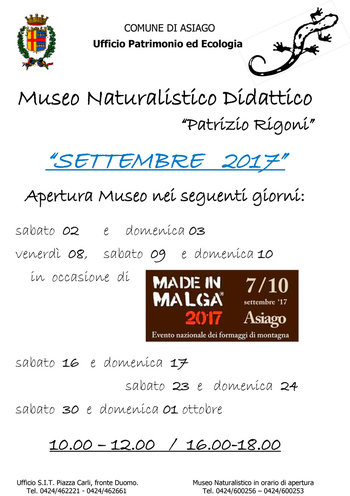 Aperture Museo Naturalistico di Asiago a settembre 2017