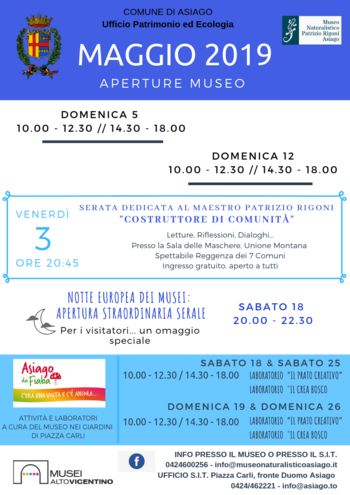 Aperture e attività del mese di MAGGIO 2019 del Museo Naturalistico Didattico 