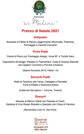 Pranzo di Natale 2021 al ristorante dell'Hotel Gaarten di Gallio