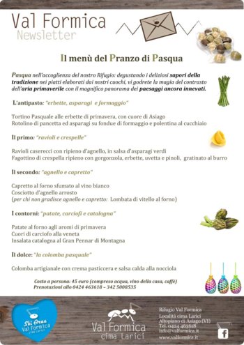 Menu di pasqua 2015 ristorante rifugio val formica