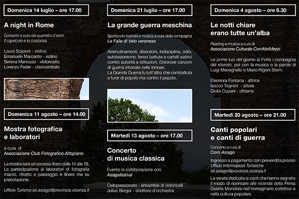 Programma Rassegna Artistica Musicale Sogno Interrotto a Forte Interrotto, Asiago - Luglio e Agosto 2013