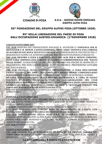 85º della fondazione del Gruppo Alpini di Foza e 95º della liberazione del paese di Foza dall'occupazione Austro-Ungarica
