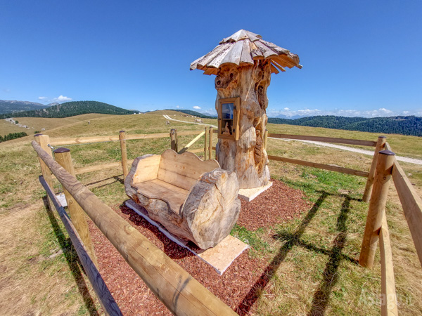 Il bellissimo totem intagliato nel legno con libri da leggere e una panchina a disposizione dei viandanti