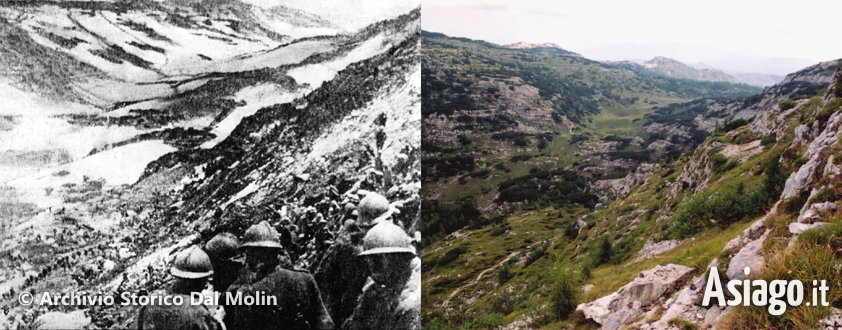 Truppe italiane sui pendii dell'Ortigara a quota 2101 il 10 giugno 1917 e lo stesso luogo oggi