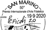 Tullio Pericoli signs the San marino cancellation of the 50th Asiago Prize of Filatelic Art of Asiago