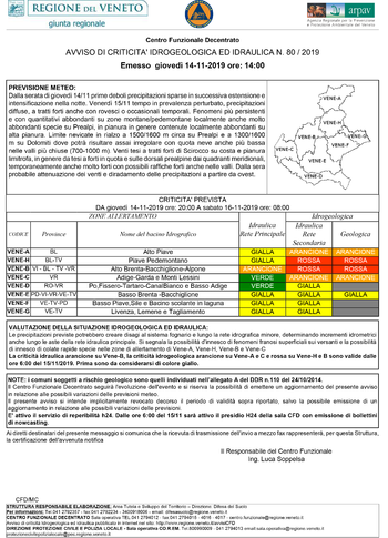 Bollettino meteo Veneto 15 novembre 2019