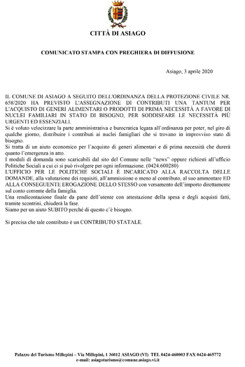 comunicato stampa buoni spesa Asiago 3 aprile 2020