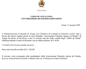 Comunicato stampa Comune Asiago 31 gennaio 2020