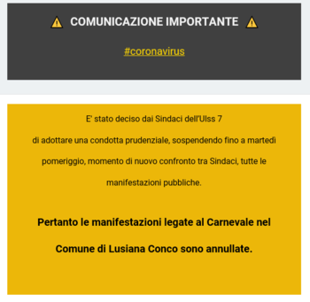 Coronavirus Annullate manifestazioni a  Lusiana Conco