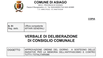 Delibera antifscismo Comune Asiago