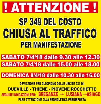 Orari chiusura strada del Costo 7-8 aprile 2018