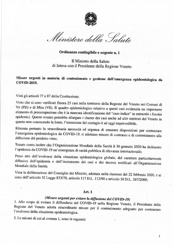 Ordinanza n 1 2302 Coronavirus in Veneto Ordinanza n 1 2302 Coronavirus in Veneto