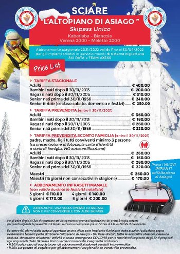 Skipass altopiano di asiago 2021 2022